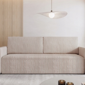 Sofa z funkcją spania Mimir w tkaninie sztruks z ozdobnymi lamówkami